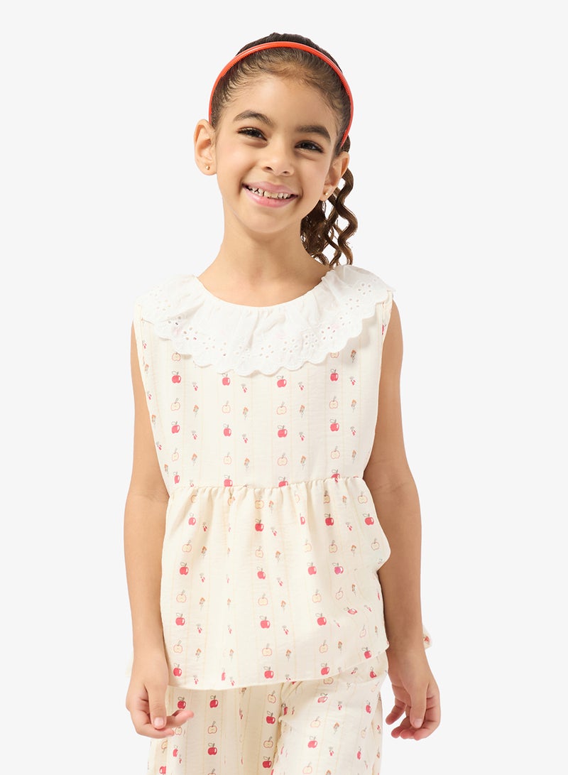 Pinata Apple Print Lace Collar Top and Pants Set - Image 3